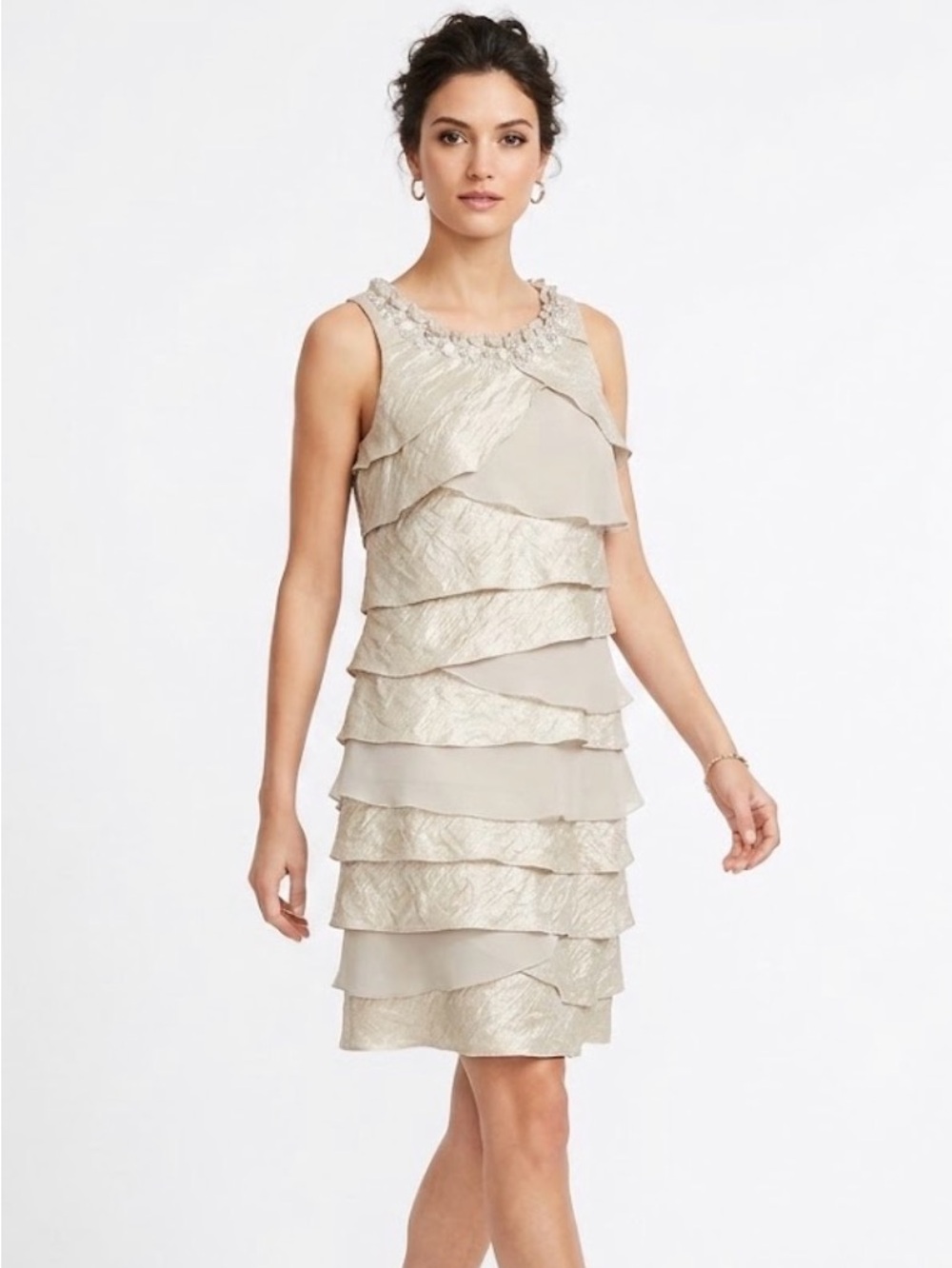 EXPO Beige Jewel Neck Tiered Ruffle Cocktail Party Dress Size 10 Y2K Formal …